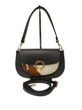 Charlie Leather Black Leather with White & Tan Fur Shoulder Bag/Crossbody-NWOT